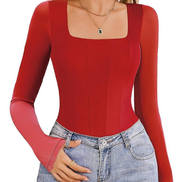Avidlove Women's Long Sleeve Bodysuits Square Neck One Piece Body Suit Mesh Leotard Tops Double Lined Soft