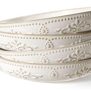 Damask Floral - Artena Pasta Bowls, 50oz Large Salad Serving Bowls, 9.75'' Plates Bowls Set of 4, Big White Ceramic Soup Bowls for Kitchen, Embossment Shallow Dinner Bowl, Microwave Dishwasher Safe, Damask Floral