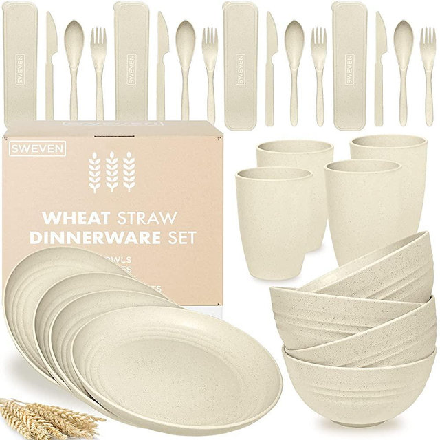 Wheat Straw Dinnerware Sets (28 pcs) | Unbreakable Dinnerware Sets | Dishwasher Microwave Safe Dinnerware | Eco Friendly Non Breakable Dinnerware Sets | Plates, Bowls, Cups, Cutlery | Beige
