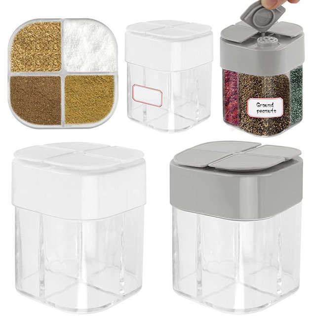 4 Pack 4 in 1 Plastic Salt and Pepper Shaker, 4 Grids Flip Empty Spice Dispensers Travel Spice Container Compartment Seasoning Shakers with Lid Travel Spice Jars with Labels for Cooking BBQ