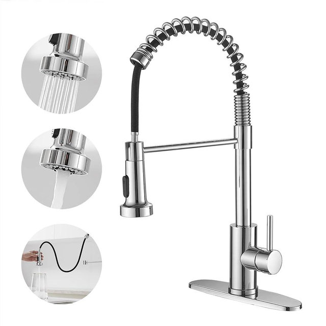 VOTON Kitchen Faucets with Pull Out Sprayer Commercial Spring Sink Faucet Stainless Steel Chrome Pull Down Single Handle Farmhouse faucets with Deck Plate for Camper Laundry Utility Rv Wet Bar