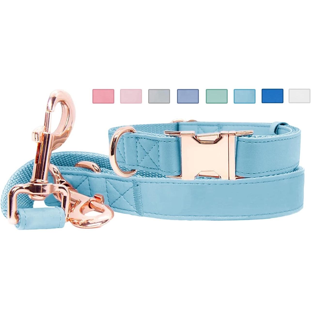 Soft Leather Dog Collar and Leash (6.6') Set - Stylish Rose Gold Heavy Duty Metal Buckle, 4 Adjustable Lengths Leash for Small Medium Large Dogs - Comfortable & Easy to Clean Light Blue S(12.2"-16.9")