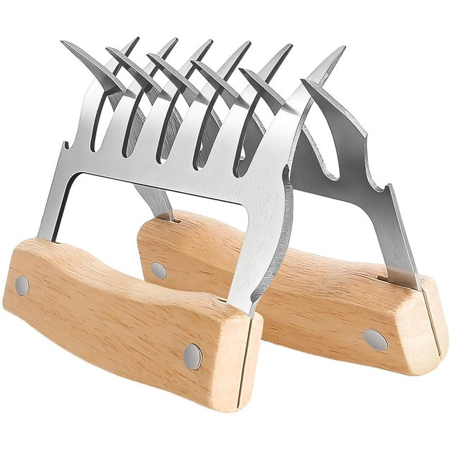 2 PCS Stainless Steel Meat Shredder Claws with Wooden Handle - Bear Claws for Pulling Pork, Chicken, Turkey & Beef | Dishwasher Safe BBQ Tools, Grilling Gifts for Men