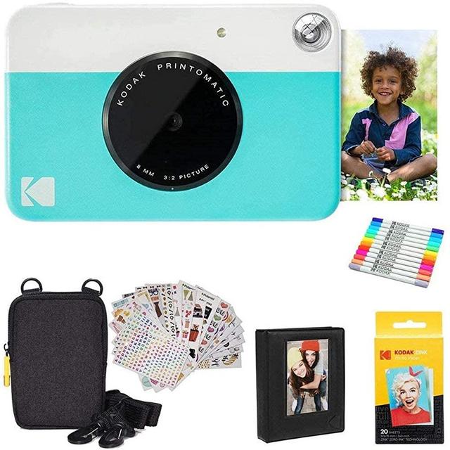 Kodak Printomatic Instant Camera (Blue) Gift Bundle + Zink Paper (20 Sheets) + Deluxe Case + 7 Fun Sticker Sets + Twin Tip Markers + Photo Album + Hanging Frames, Starter Bundle (AMZRODOMATICK3BL)