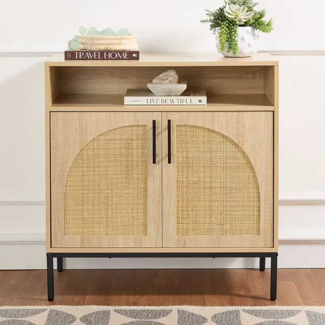 Best Choice Products Arched 2-Door Rattan Cabinet, Sideboard, Buffet, w/ Cord Cutout, Adjustable Storage Shelf - Natural