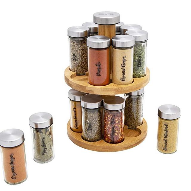 Orii 16 Jar 2 Tier Bamboo Rotating Spice Rack Filled with Spices - Rotating Standing Rack Shelf Holder & Countertop Spice Rack Tower Organizer for Kitchen Spices, Free Spice Refills for 5 Years