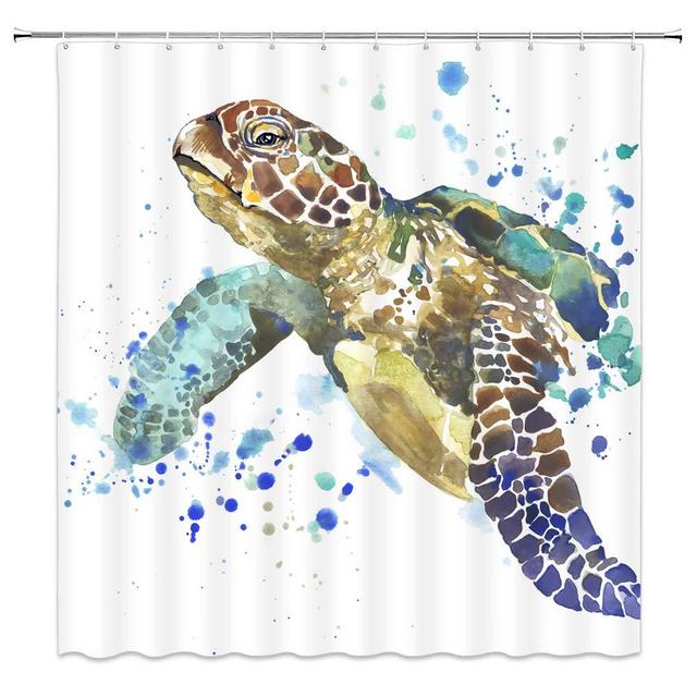 AMHNF Sea Turtle Shower Curtain Watercolor Blue Brown Green White Bathroom Decor Decoration Colorful Aquatic Creatures Simple Creative Personality Cool Waterproof 70x70Inches Home