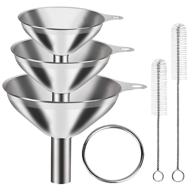 VOPTON 6 Pcs Stainless Steel Mini Funnels for Kitchen use. Large Tiny Small Funnel Set of 3, Metal Cooking Powder Food Grade Flask Funnels for Filling Bottles Liquor Water Spice, 2Pcs Cleaning Brushes
