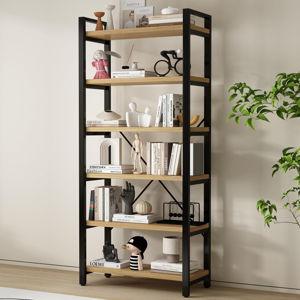 Real Solid Wood Rustic Vintage Industrial Etagere Bookshelf, Metal & Timber Free Vintage Bookcase (6-Tiers-Natural Finish)