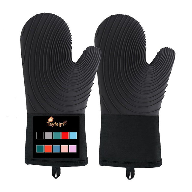 Tayfeim Silicone Oven Mitts 13.6 in, 𝗨𝗽𝗴𝗿𝗮𝗱𝗲𝗱 Oven Mitts Heat Resistant 500F, Waterproof, Cotton Lined Oven Gloves BPA-Free, Oven Mits for Cooking Baking Kitchen Mittens Cooking Gloves, Black