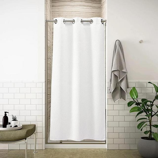 River Dream Stall Waffle Weave Shower Curtain with Snap-in Liner,Cotton Blend Fabric Heavy Duty,No Hooks Needed Shower Curtain for Bathroom,Hotel Quality Bathroom Shower Curtain Set,White,36x74 inches