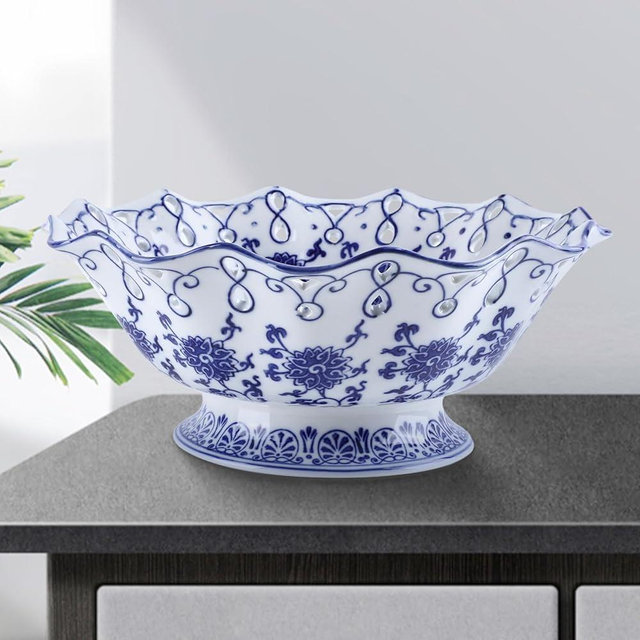 Xiholeruf 11.4" Blue and White Porcelain Fruit Bowl, Decorative Bowl with Drainage Hole, Ceramic Pedestal Bowl, Fruit Serving Plate, Fruit Basket Stand for Dining Decor, Kitchen Island Centerpiece