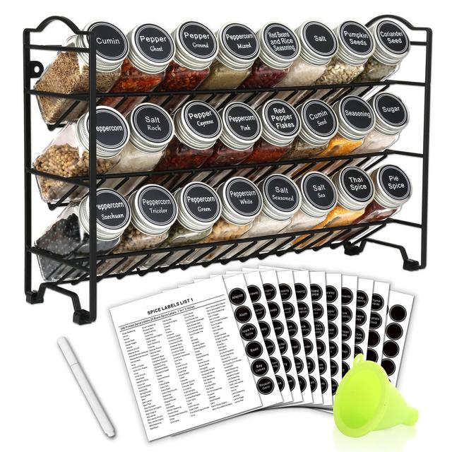 Spice Rack Organizer with 24 Empty Square Spice Jars, 396 Spice Labels with Chalk Marker and Funnel Complete Set, for Countertop, Cabinet or Wall Mount
