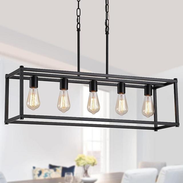 AMZASA Black Rectangle Kitchen Island Lights Rectangular Modern Industrial Chandelier for Dining Room 5 Lights Linear Vintage Cage Light Fixtures UL Listed