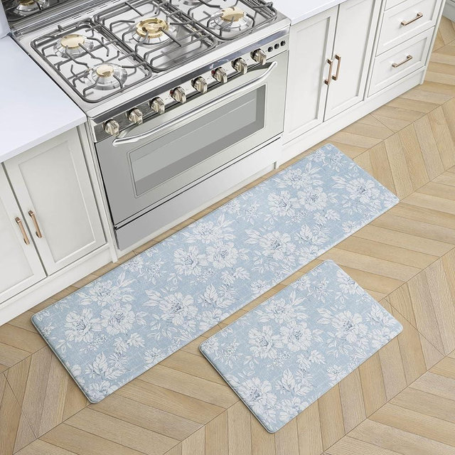 Laura Ashley - Anti-Fatigue Kitchen Mat, Iris Floral Design, Stain, Water & Fade Resistant, Cooking & Standing Relief, Non-Slip Backing, 2 Piece Set: 17.5" x 60" / 17.5" x 28" Light Blue Iris