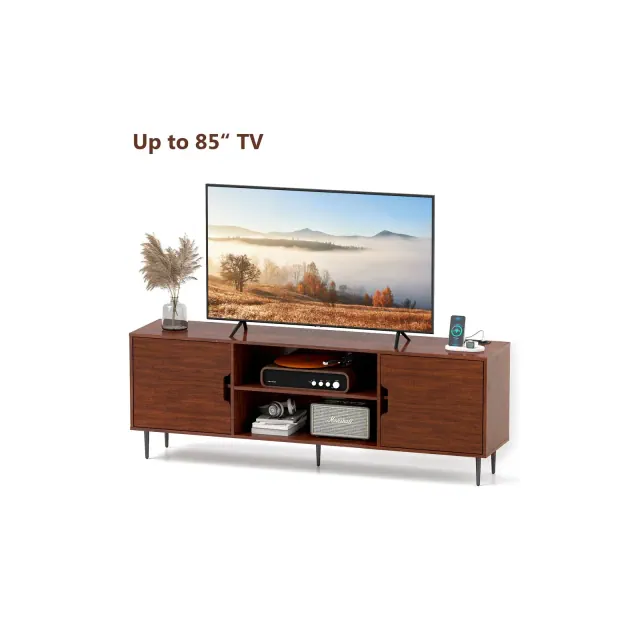 Skyzoo TV Stand for 50/55/65/75/85" inch TV Mid Century TV Table 2 Storage Cabinet with Open Shelves for Living Room, Walnut