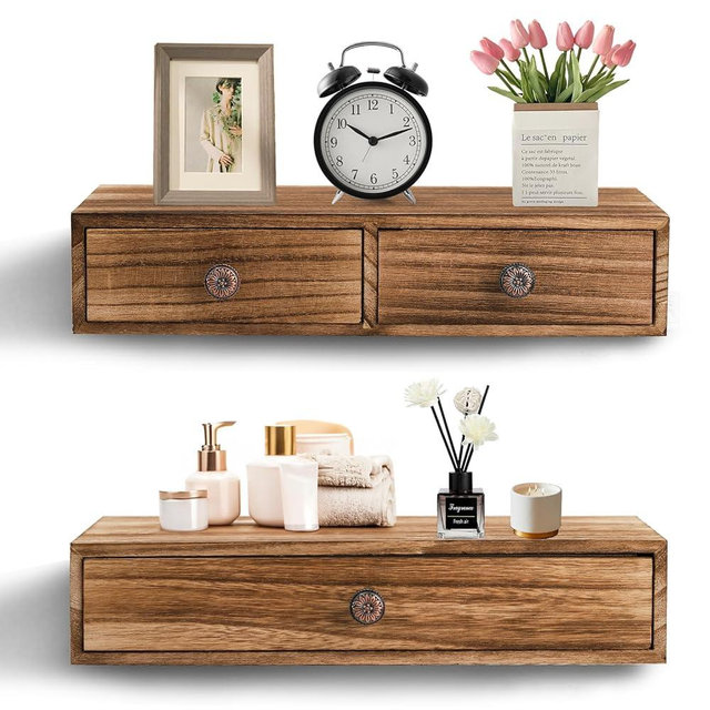 Yesland 2 Packs Floating Nightstand with Drawer - Rustic Wood Floating Wall Mounted Drawers Floating Shelf with Drawer for Living Room, Bedroom, Storage, Display - Yellowish Brown