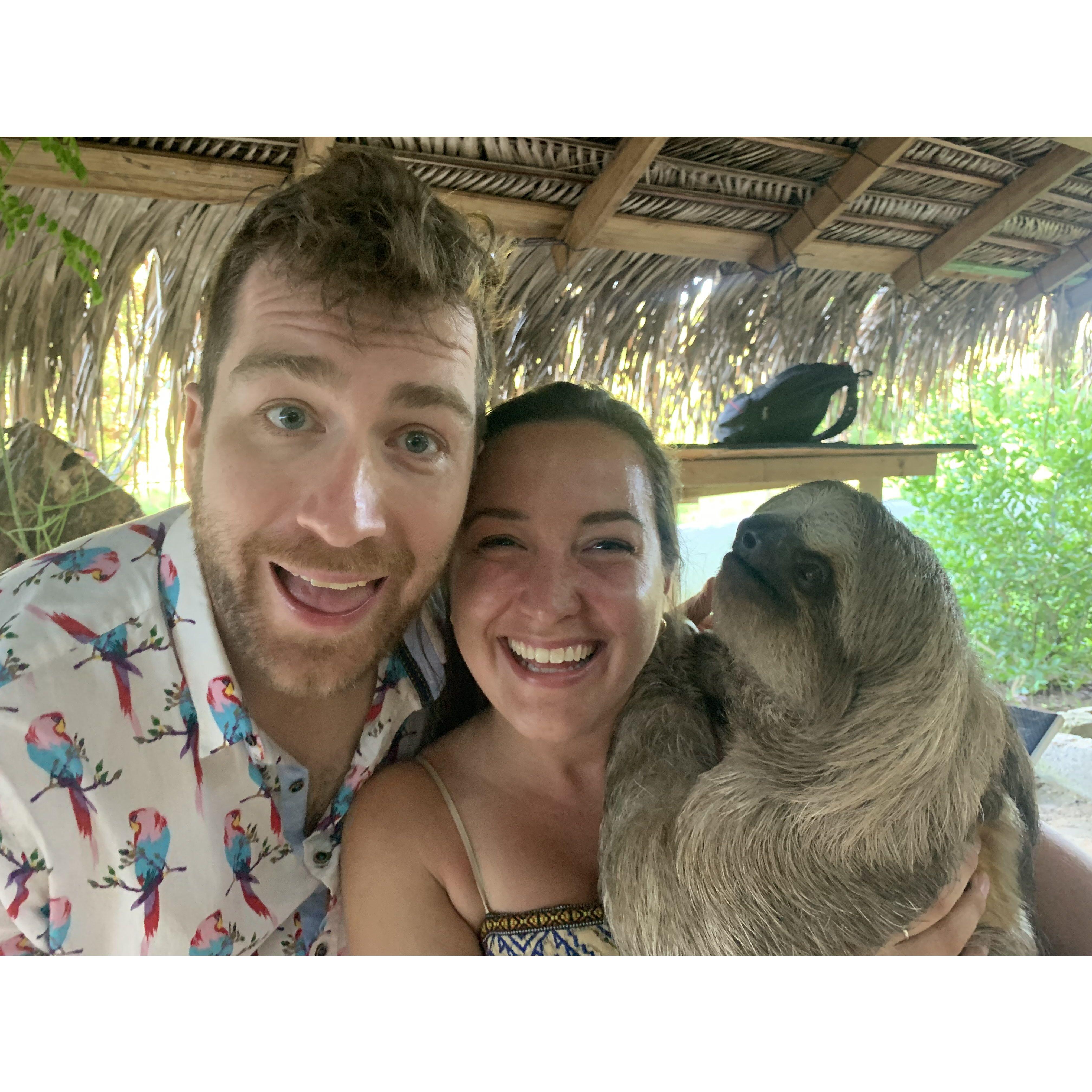 Tarryn's first time holding a sloth and Dave's first time having a cocktail (apparently).