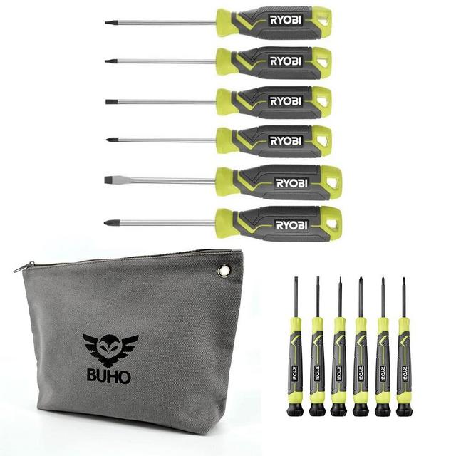 Ryobi 12-Piece Screwdriver Bundle with 6 Screwdrivers and 6 Precision Screwdrivers, Chrome Plated, Cushion Grip Handles, Magnetic Precision Fit Tip, Anti-Roll Body, Hang Hole and Buho Tool Pouch
