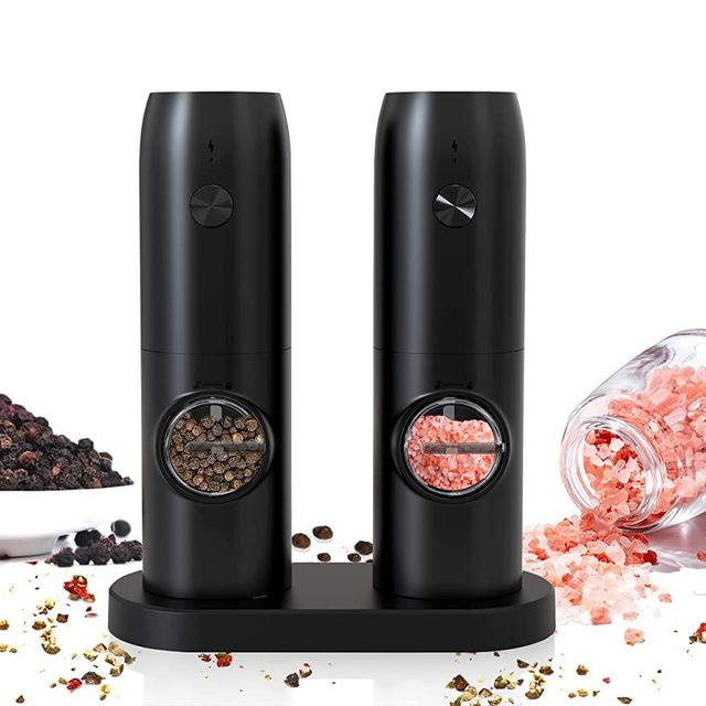 Electric Salt and Pepper Grinder Set, Rechargeable Pepper Grinder With Charger Tray, USB Cable, One Hand Operation, Adjustable Coarseness with Ceramic Grinder, ABS Body, (Set of 2,Black)