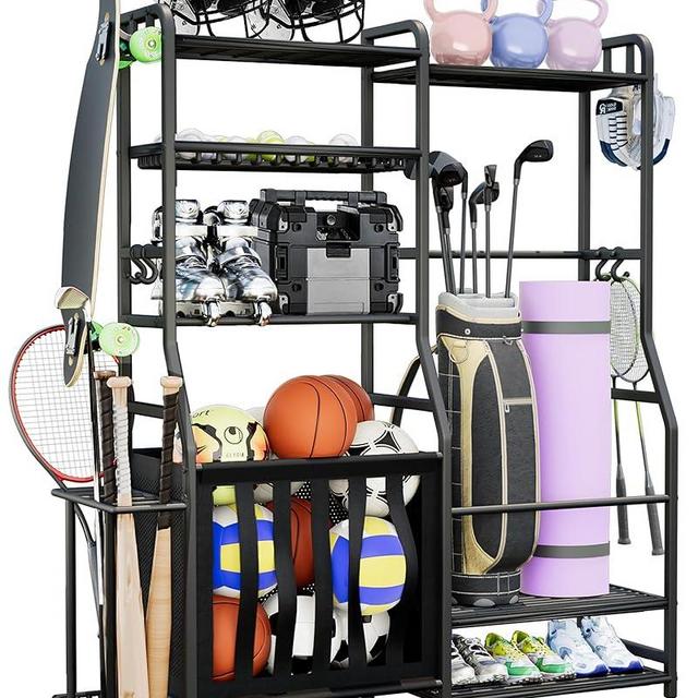 Faesun Garage Sports Equipment Organizer, Golf Bag Storage Rack, Heavy Duty Ball Holder with Basket & Hooks, Indoor/Outdoor Basketball Storage Bins for Toy Sports Gear Storage