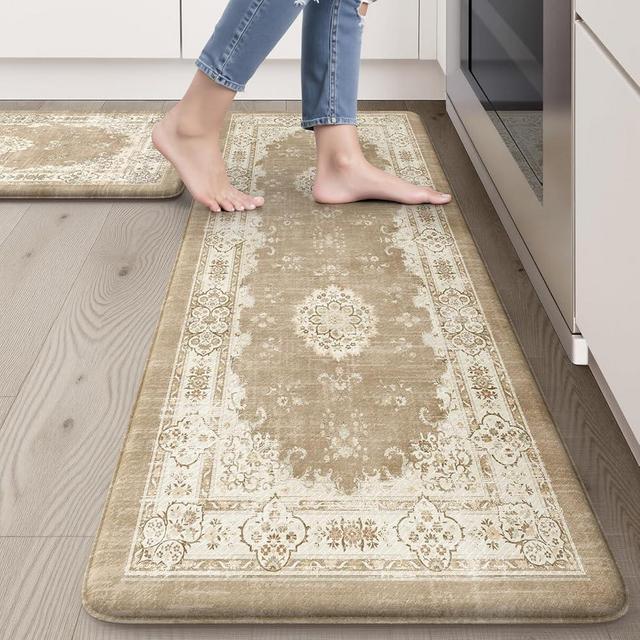 Sungea Kitchen Mats Cushioned Anti Fatigue Mats for Kitchen Floor, Non-Skid Waterproof Kitchen Rugs Padded Comfort Standing Desk Mat for Home Office Laundry Sink(Khaki)