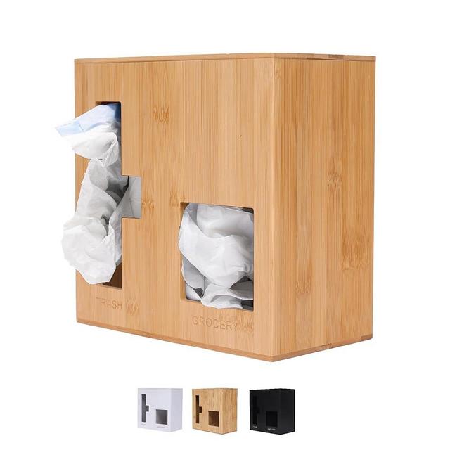 Panda Palace Bamboo Grocery Bag Holder & Trash Bag Dispenser - Versatile Kitchen Bag Organizer for Plastic Bag Storage | Wall Mount/Over-Cabinet (Natural)