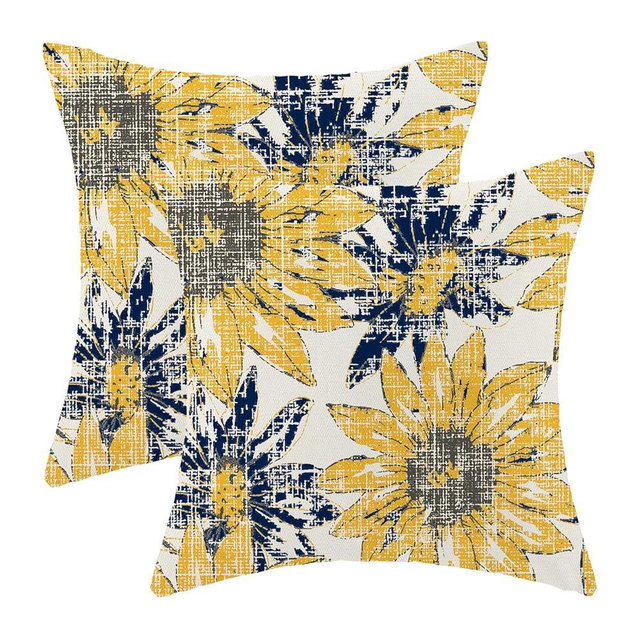Mustard Yellow Navy Blue Pillow Covers 16x16, Vintage Sunflower Outdoor Decorative Throw Pillows for Couch, Retro Floral Decor Cushion Cover 2 Pcs Soft Farmhouse Square Pillowcase for Bed Safa