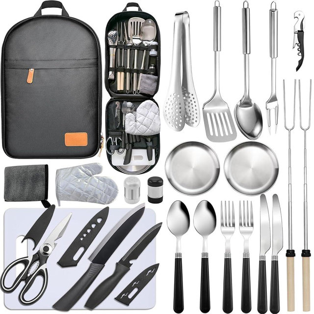 Bsotas Camping Cooking Utensils Set - Camping Utensil Set Car Camping Cooking Essentials Gear for Camp Kitchen Cooking and Grilling, Stainless Steel & Silicone Ideal Gift for RV Tent Camper