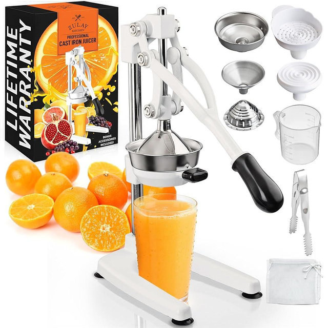 Zulay Kitchen Pulperizer 9 in 1 Cast Iron Juicer - Easy-to-Clean Heavy-Duty Manual Juicer with Presser Attachment to Juice All Types of Fruits! Extra Tall with Stainless Steel Bowl - White
