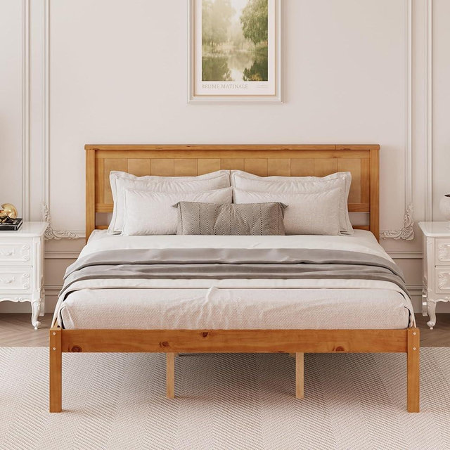 THINK 30 Wood Platform Bed, Bed Frame with Headboard, Wood Slat Support, No Box Spring Needed, Queen, Oak Color