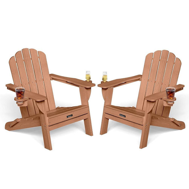 Eesdom Adirondack Chair Set of 2, 5-Slatted All-Weather Outdoor Adirondack Chair, Wood Texture Lawn Chair for Fire Pit, Patio, Garden, Poolside, Teak