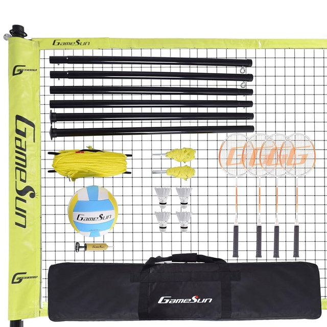 Volleyball Badminton Combo net Set for Backyard and Outdoor with Sleeve Net, 4 Pro Racquets, Nylon Carry Bag