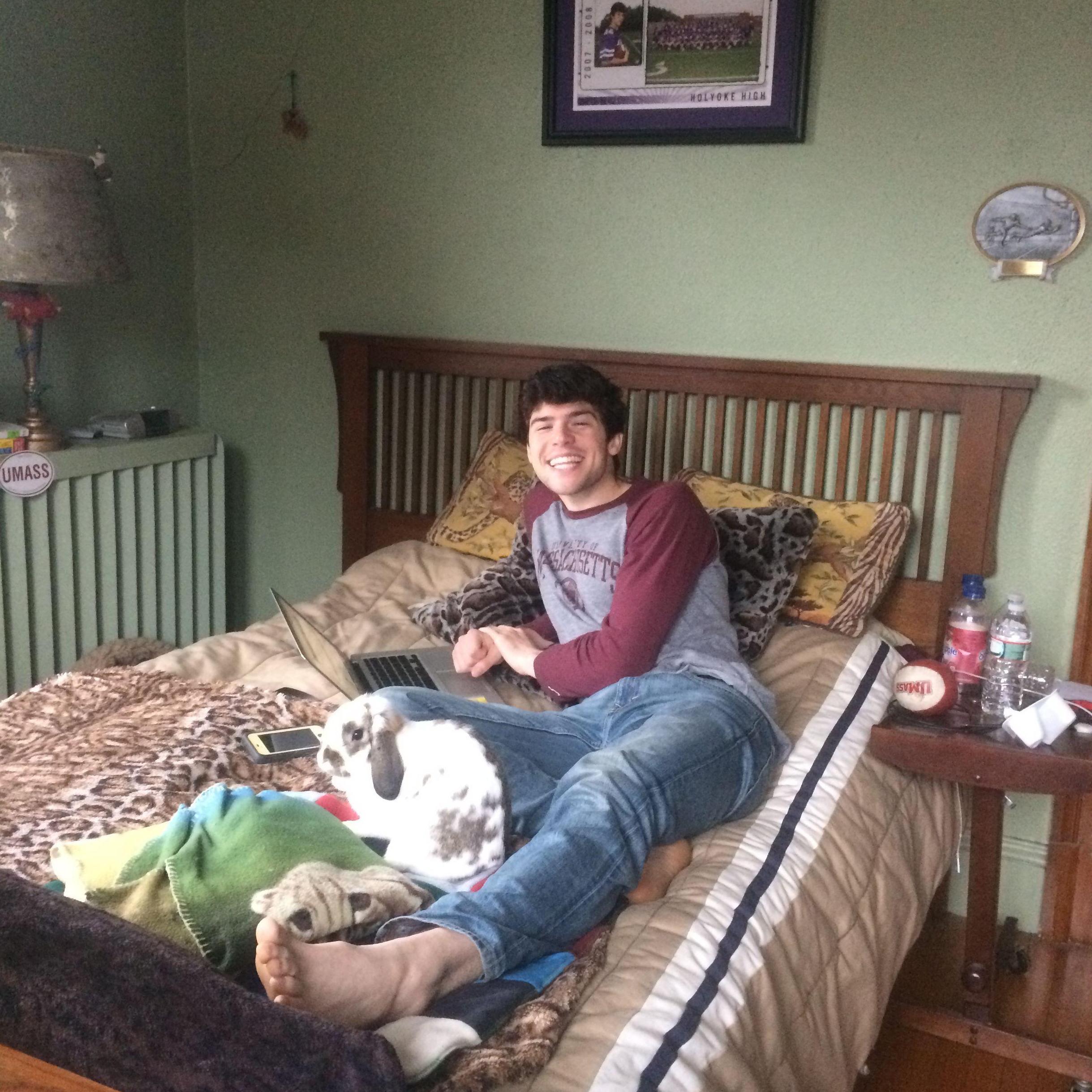Evan with our first pet, Bun the rabbit