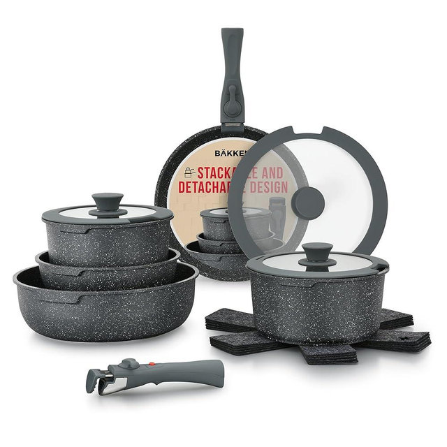 Bakken-Swiss Detachable 15-Piece Cookware Set – Granite Non-Stick – Eco-Friendly – stackable Removable Handles – for All Stoves & Oven-Safe - marble Black coating