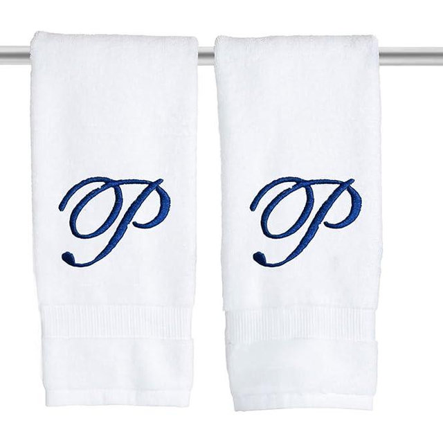 Decorvo White Monogrammed Hand Towels for Bathroom - Luxury Hotel Quality Personalized Initial Embroidered Towel for Powder Room, Spa - GOTS Organic Certified - Pack of 2 Navy, Letter P