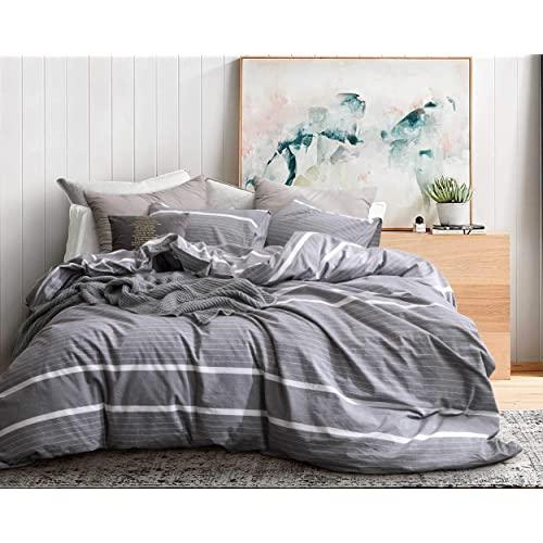 ECOCOTT 3 Pieces Duvet Cover Set King 100% Washed Cotton 1 Duvet Cover with Zipper and 2 Pillowcases, Ultra Soft and Easy Care Breathable Cozy Simple Style Bedding Set(Grey with White Stripes) …