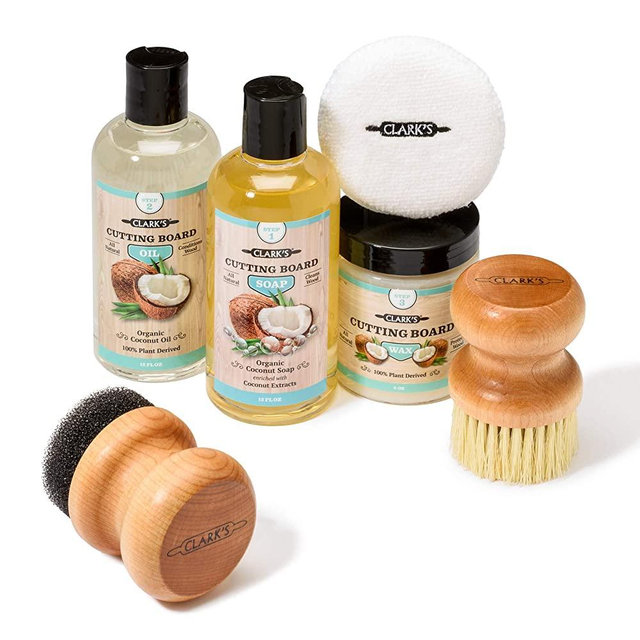 CLARK'S Complete Cutting Board Care Made with Refined Coconut Oil- Inludes: Oil (12 oz) - Wax (6oz) - Soap (12oz) - Small Applicator - Buffing Pad - Scrub Brush - Contains No Mineral Oil