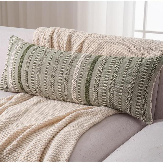 Cethom Boho Lumbar Pillow Covers 14x36 Long, Farmhouse Decorative Couch Pillow Cases, Green Accent Pillows of Bed, Sofa Bedroom Living Room Home Decor Cushion Cover, Pack of 1
