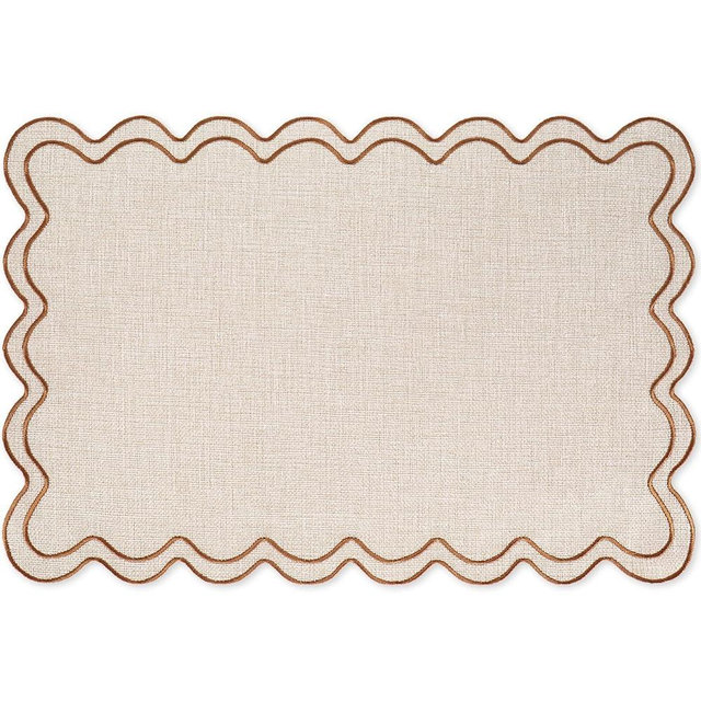 Whaline Beige Linen Placemats Embroidered Scalloped Kitchen Place Mats for Birthday Baby Shower Party Home Dining Table Decor, Set of 6, 13 x 19 in