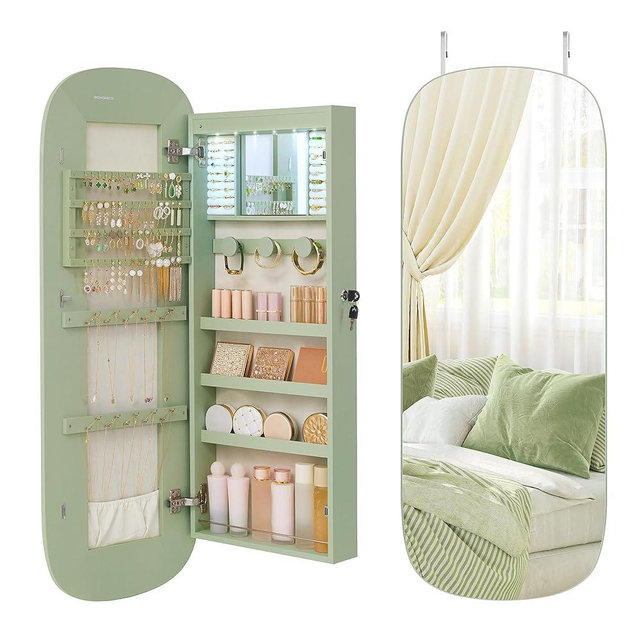 SONGMICS Jewelry Organizer, LED Jewelry Cabinet Wall or Door Mounted, Lockable Rounded Wide Mirror with Storage, Interior Mirror, 3.9 x 16.5 x 42.5 Inches, Laurel Green Surface with Cream White Lining