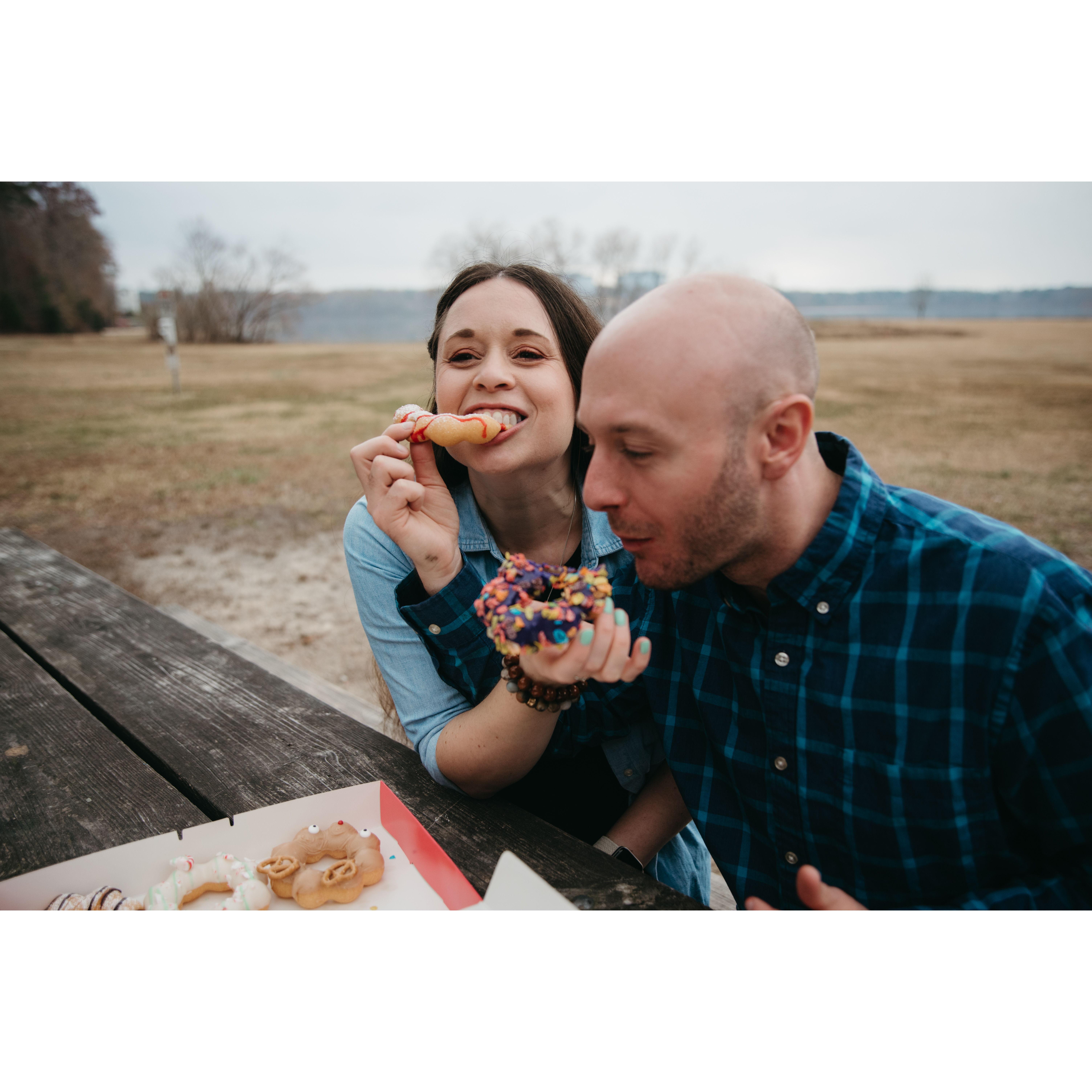 2023 We both really love donuts. We try a new place everywhere we go and had to include them in our engagement shoot.