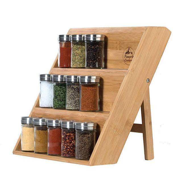 Pinnacle Cookery Bamboo Spice Rack - Eco Friendly Wooden Spice Rack 3 Tiered Spice Organizer for Drawer - Space Saving Wooden Vertical Spice Shelf for Countertop