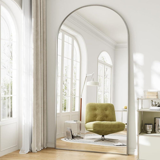 WISSMIELS Oversized Full Length Mirror, 35"x78" Large Arched Floor Mirror Full Length with Stand, Room Decor Big Full Body Mirror with HD Tempered Glass Aluminum Frame for Bedroom Living Room, Silver