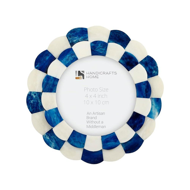 Handicrafts Home Photo Picture Frame - 4" x 4", Round Handmade Gift Photo Frames - Blue & White