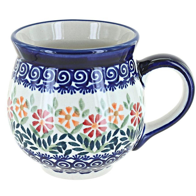Blue Rose Polish Pottery - Orange Garden Bouquet Large Bubble Mug - 16 oz - Unique Shape Mug for Coffee & Tea