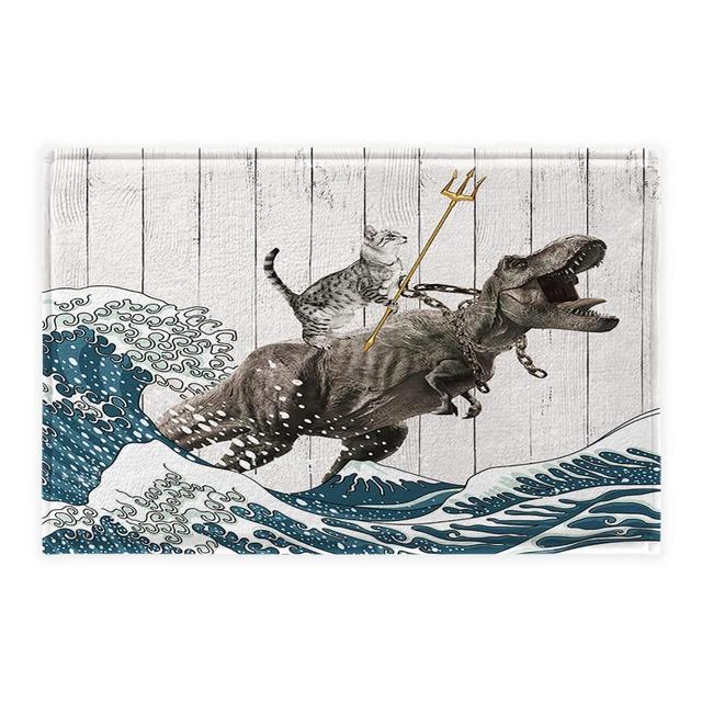 Funny Cat Bath Mat, Cool Cat Dinosaur Japanese Ocean Wave Decor Soft Bathroom Rugs, Rustic Wooden Barn Farmhouse Bath Mat, 24 x 16 Inches