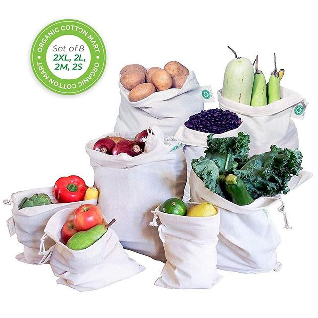 Reusable Cloth Produce Bags - Organic Cotton Cloth Vegetable Bags - Reusable Bulk Bags - Cloth Grocery Produce Bags - Flour Sack - Cotton Muslin Vegetable Storage Bags (2 XL, 2 L, 2 M, 2 S)