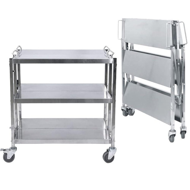 tonchean 3 Shelf Stainless Steel Folding Utility Cart, Collapsible Serving Cart with Wheels, 300lbs Commercial Kitchen Trolley Cart for Restaurant Hotels 25”L x 15.8”W x 37.8”H