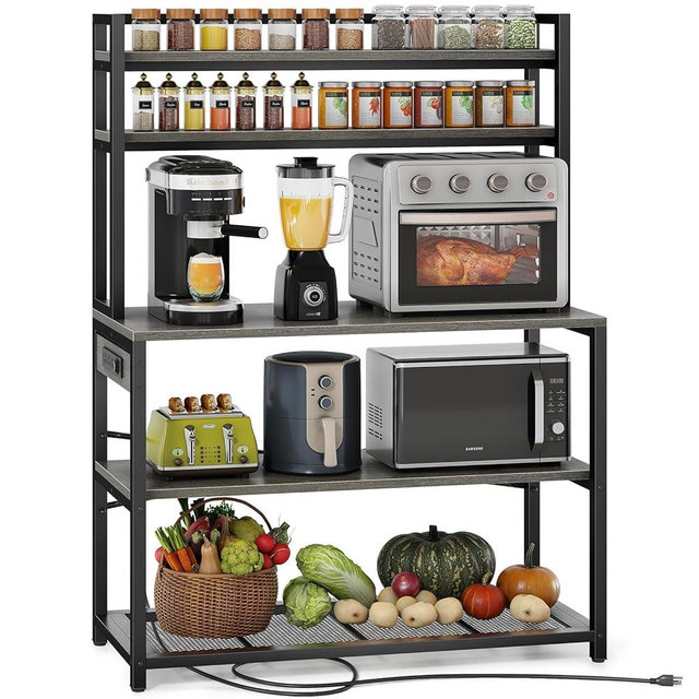 Denkee 39.4 Inch Wide Large Bakers Rack with 3 Power Outlets, 5 Tiers Kitchen Stands with Storage, Freestanding Microwave Stand, Coffee Bar Station (Gray)